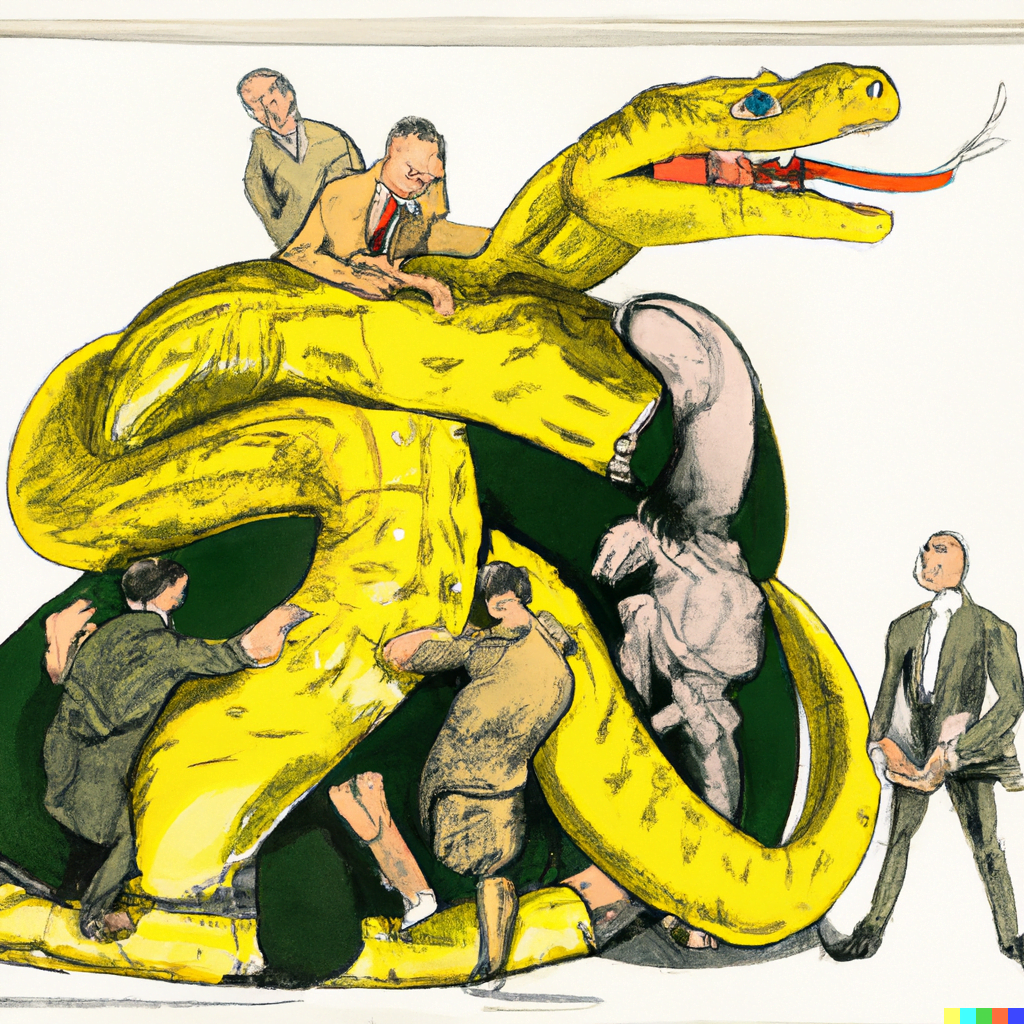 A python squeezing the middle class. AI generated imagery.