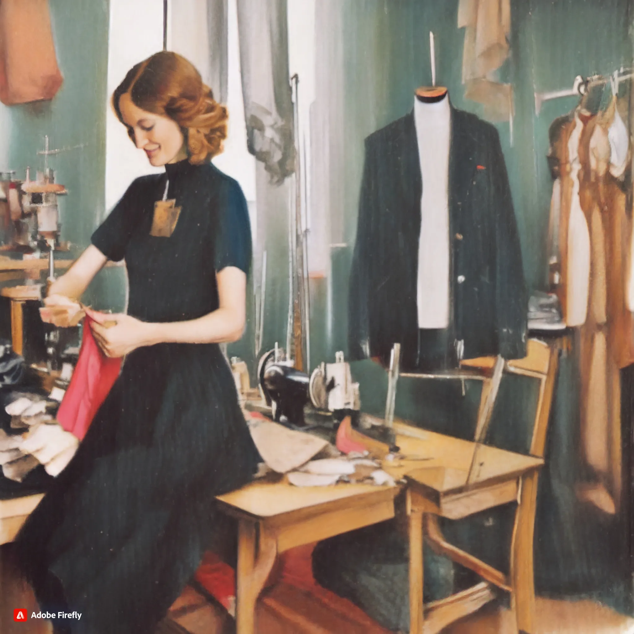 A painting of a clothing repair shop as imagined by Adobe Firefly