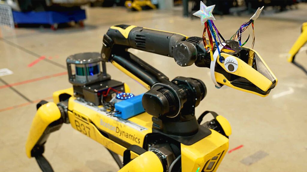 A robot dog with googly eyes