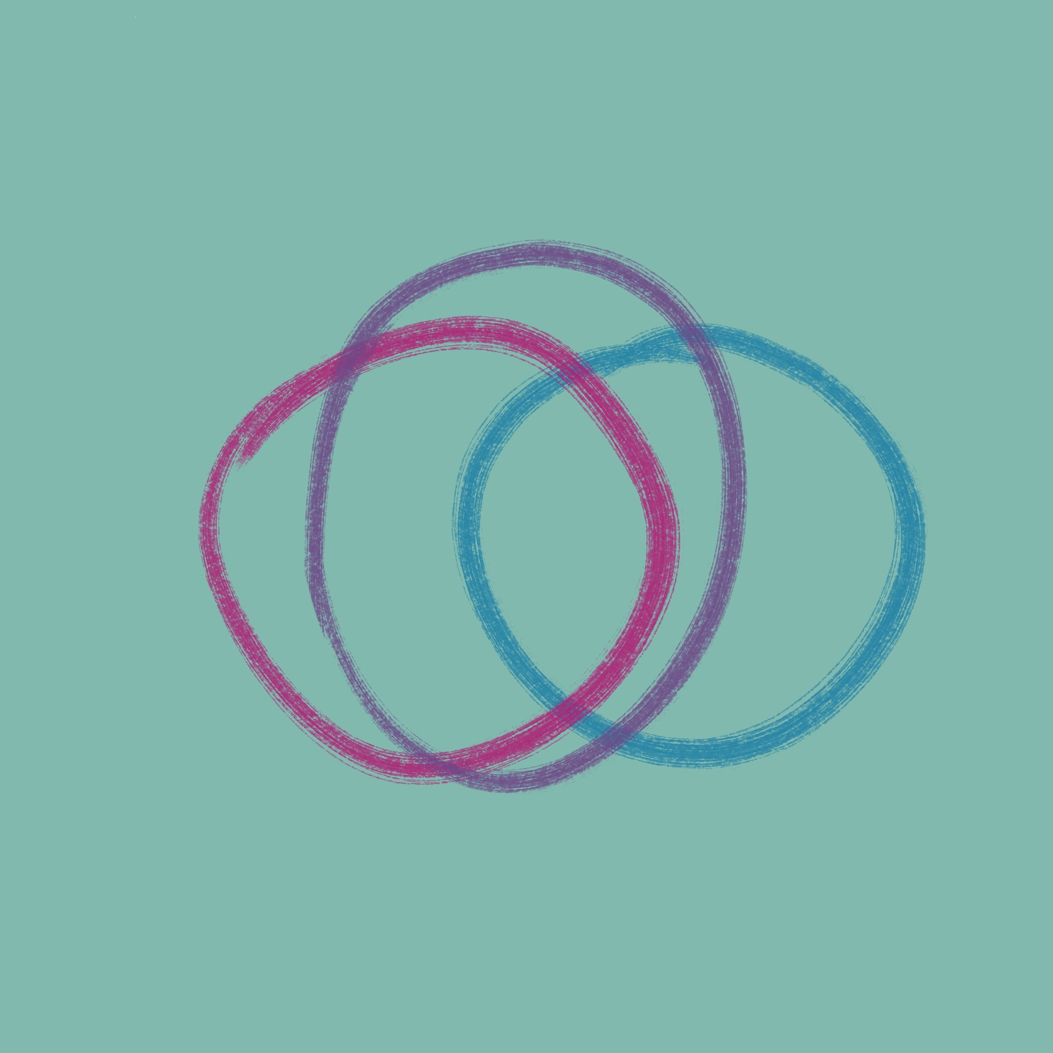 Three circles overlapping on a pale green background. One circle is pink, the other is blue and the third is in-between.