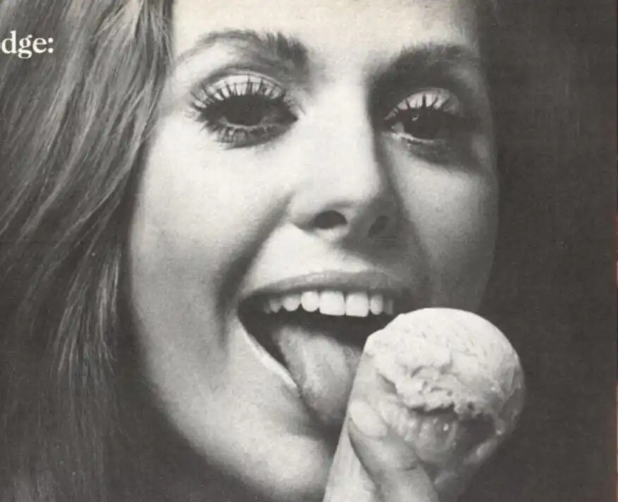 Vintage black-and-white advertisement from Time magazine (May 10, 1971) featuring a smiling woman licking an ice cream cone.